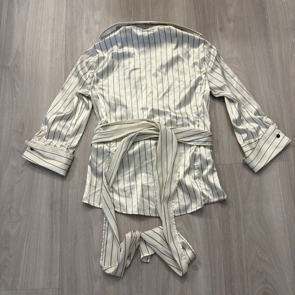 Zara Basic Womens Kimono Cream Pinstripe Satin Wrap Blouse Tie Waist Size M - Picture 3 of 13